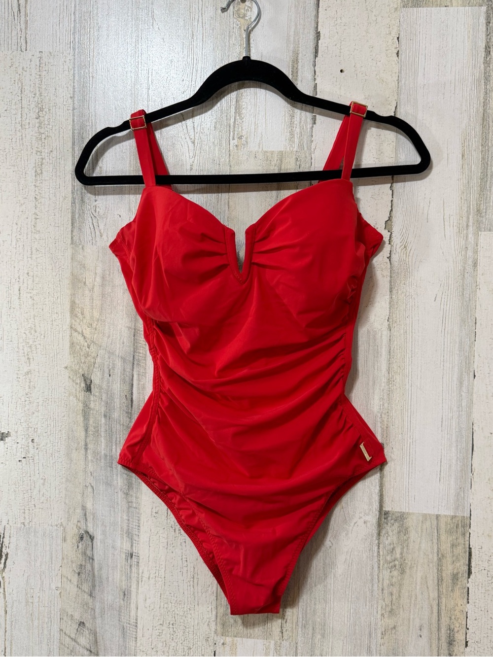 SHAN Red One-Piece Swimsuit with Ruched Bodice V Detail
